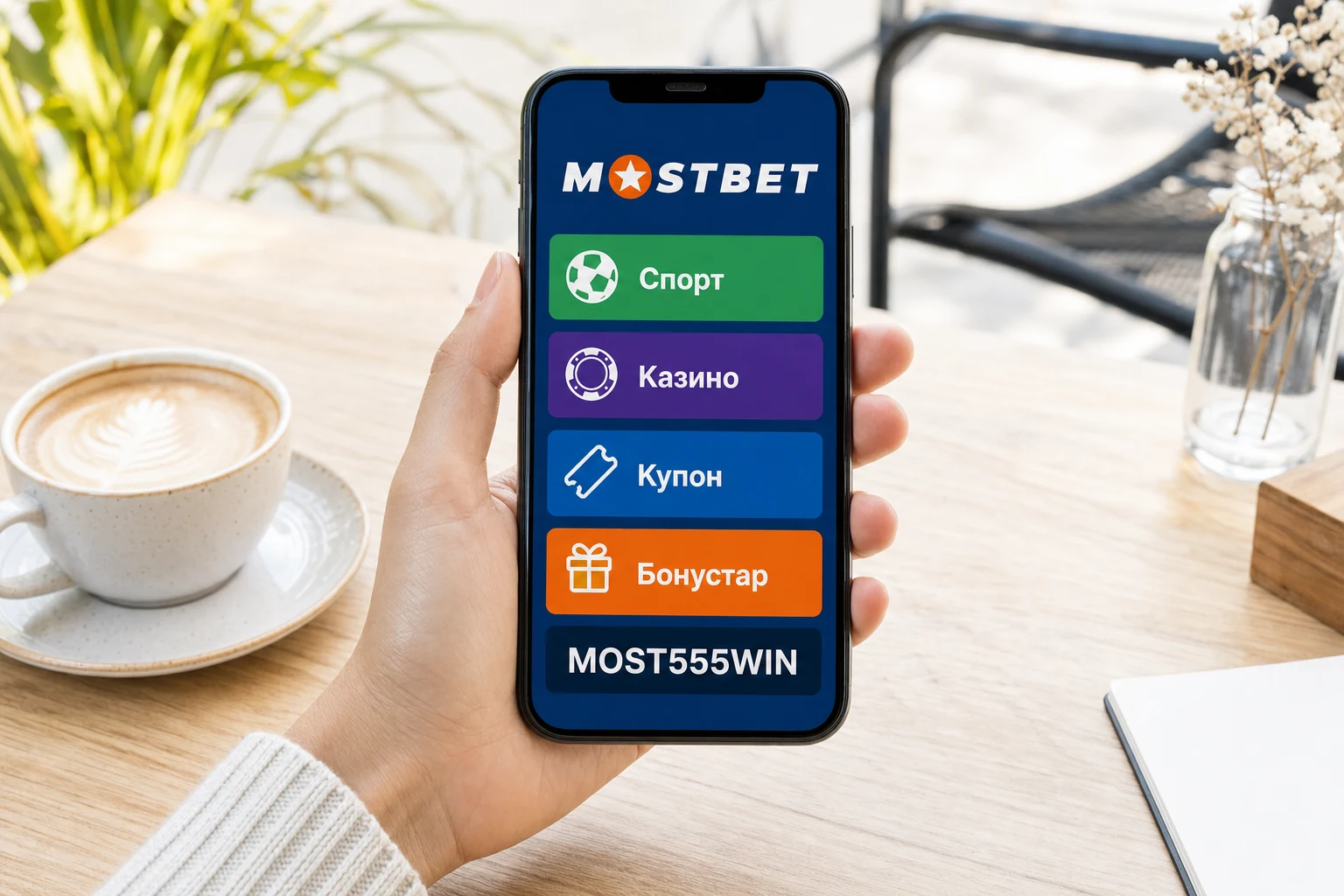 Mostbet мобилдик тиркемеси реалисттик телефондо көрсөтүлгөн